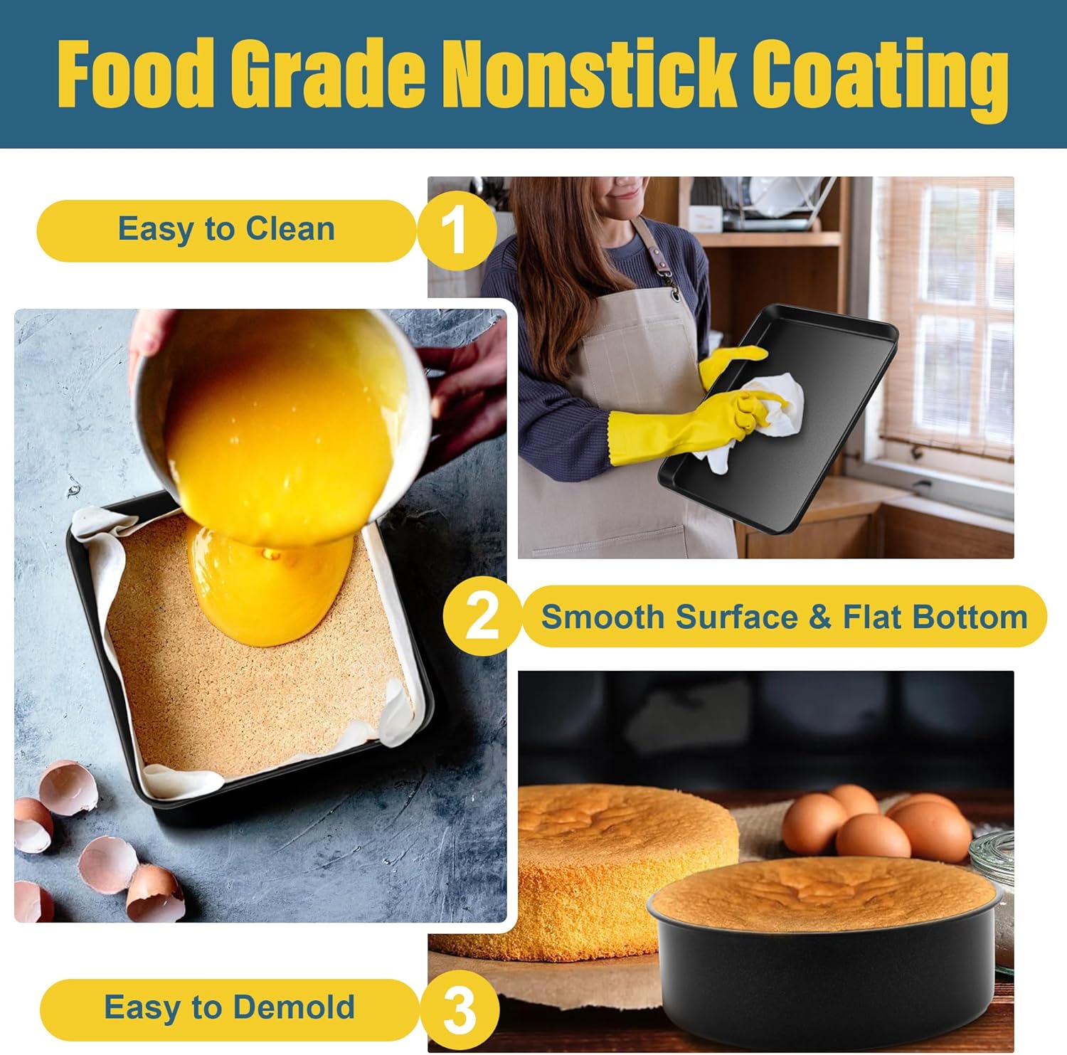 E-far 6-Piece Bakeware Sets, Nonstick Stainless Steel Baking Pans Set - 8x8 Square/Round Cake Pan/Muffin/Loaf Pan/Roasting Tray/Cookie Sheet - for Kitchen Oven Cooking Lasagna Brownie Casserole, Black - Image 6