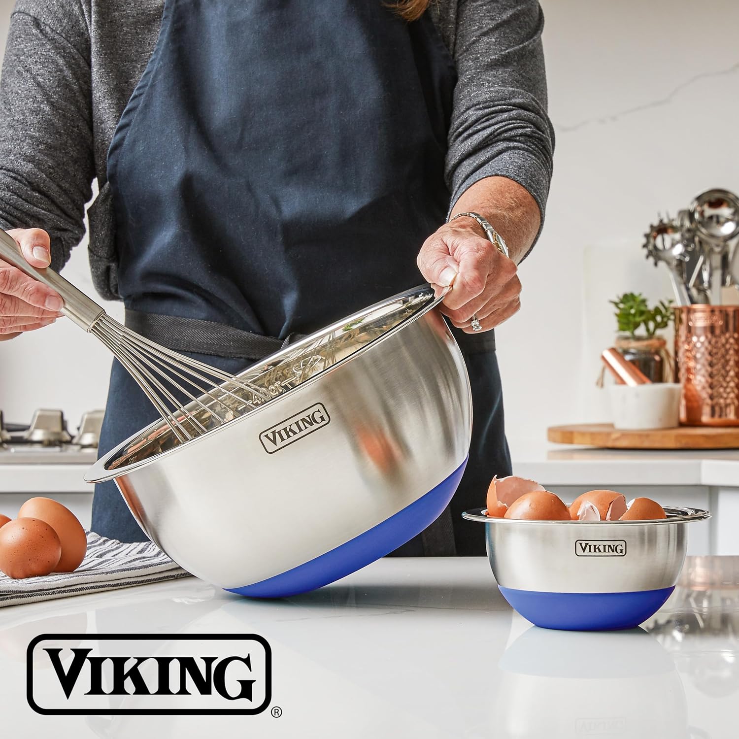 VIKING Mixing Bowls Set, 10 Piece Stainless Steel Kitchen Cookware, Non-Slip Silicone Base, Includes Tight Fit Lids, Dishwasher Safe, Blue - Image 6