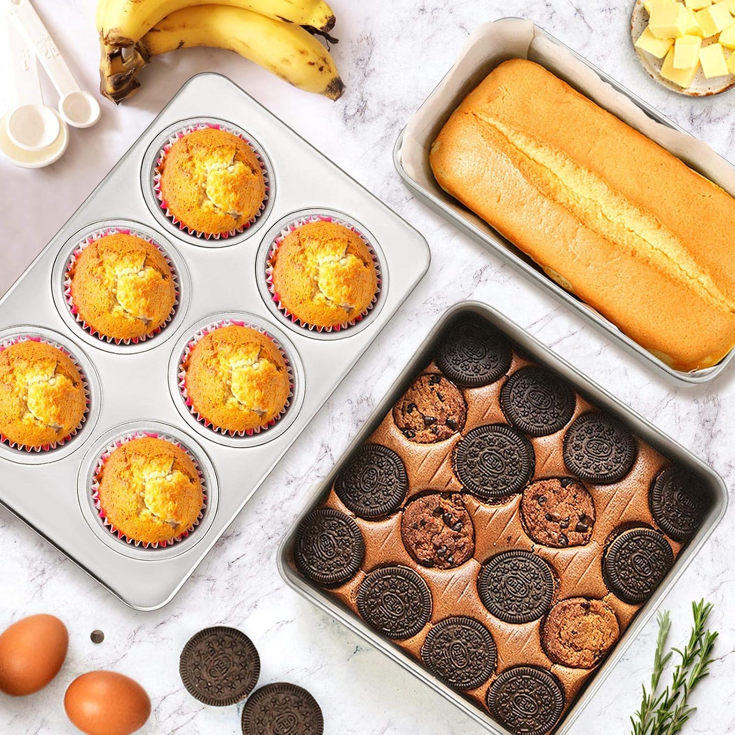 E-far Stainless Steel Baking Pan Set, 9-Piece Bakeware Sets for Cake Cookie Loaf Muffin, Include Round, Square, Rectangle Baking Sheet Pan with Lid & Cooling Rack, Dishwasher Safe - Image 4
