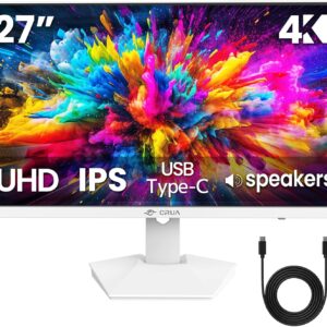 CRUA 27″ 4K White Monitor, UHD(3840x2160P) IPS Panel, 60Hz Computer Monitor, Supports AMD Freesync, USB Type-C, 120% sRGB, Built-in Speakers, Wall Mountable, for Work, Streaming, and Home Office