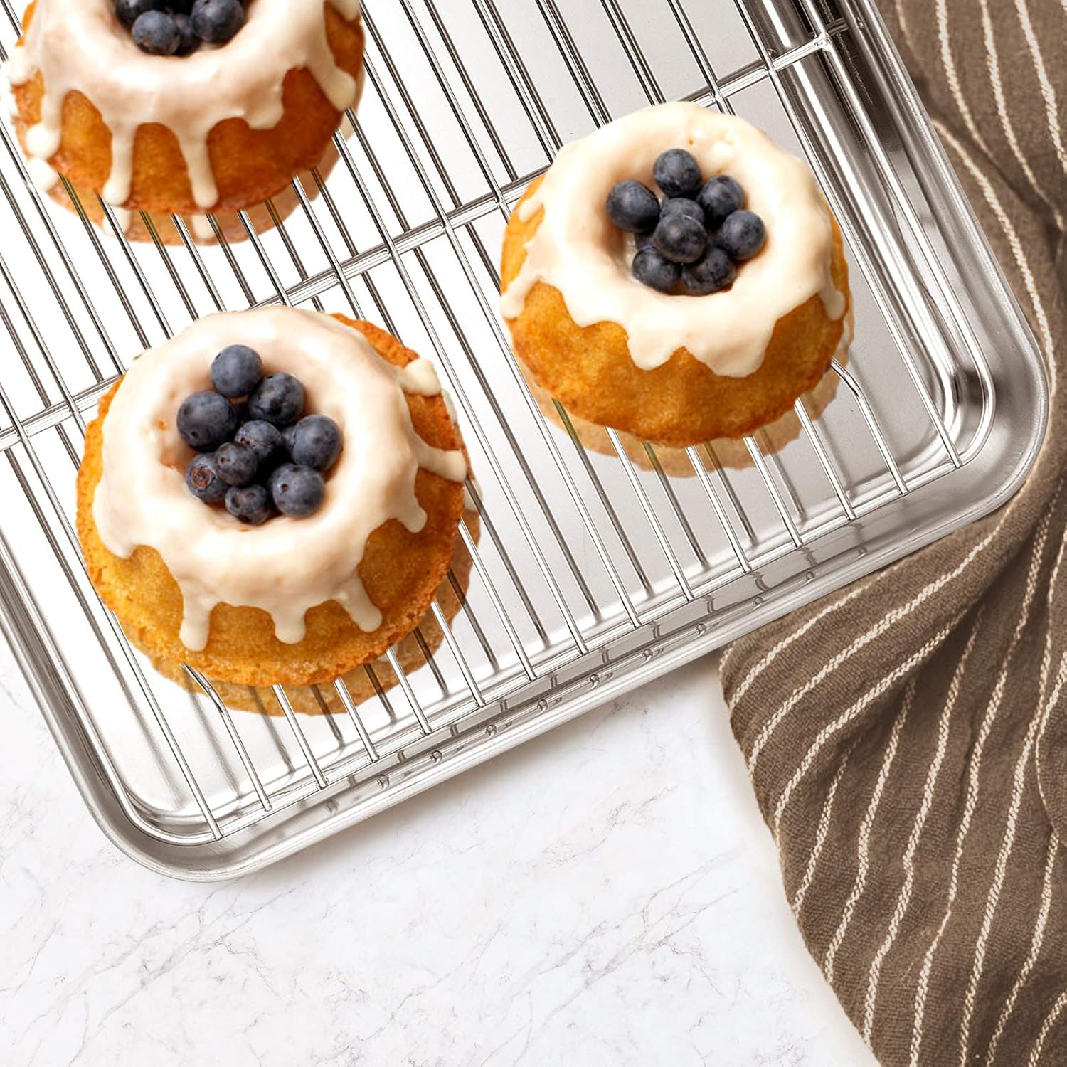 E-far Stainless Steel Baking Pan Set, 9-Piece Bakeware Sets for Cake Cookie Loaf Muffin, Include Round, Square, Rectangle Baking Sheet Pan with Lid & Cooling Rack, Dishwasher Safe - Image 6