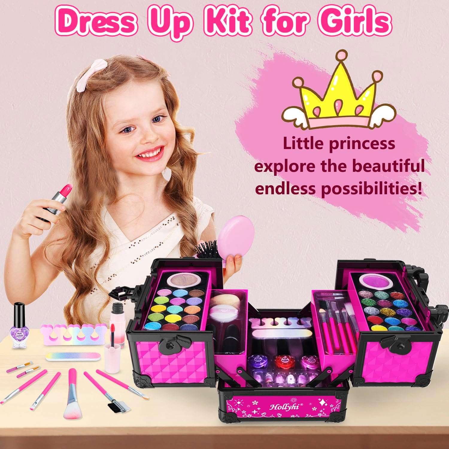 Hollyhi 59 Pcs Kids Makeup Kit for Girl, Washable Play Makeup Toys Set for Dress Up, Pretend Beauty Vanity Set with Cosmetic Case Birthday Toys for Girls 3 4 5 6 7 8 9 10 11 12 Year Old Kids Toddlers - Image 4