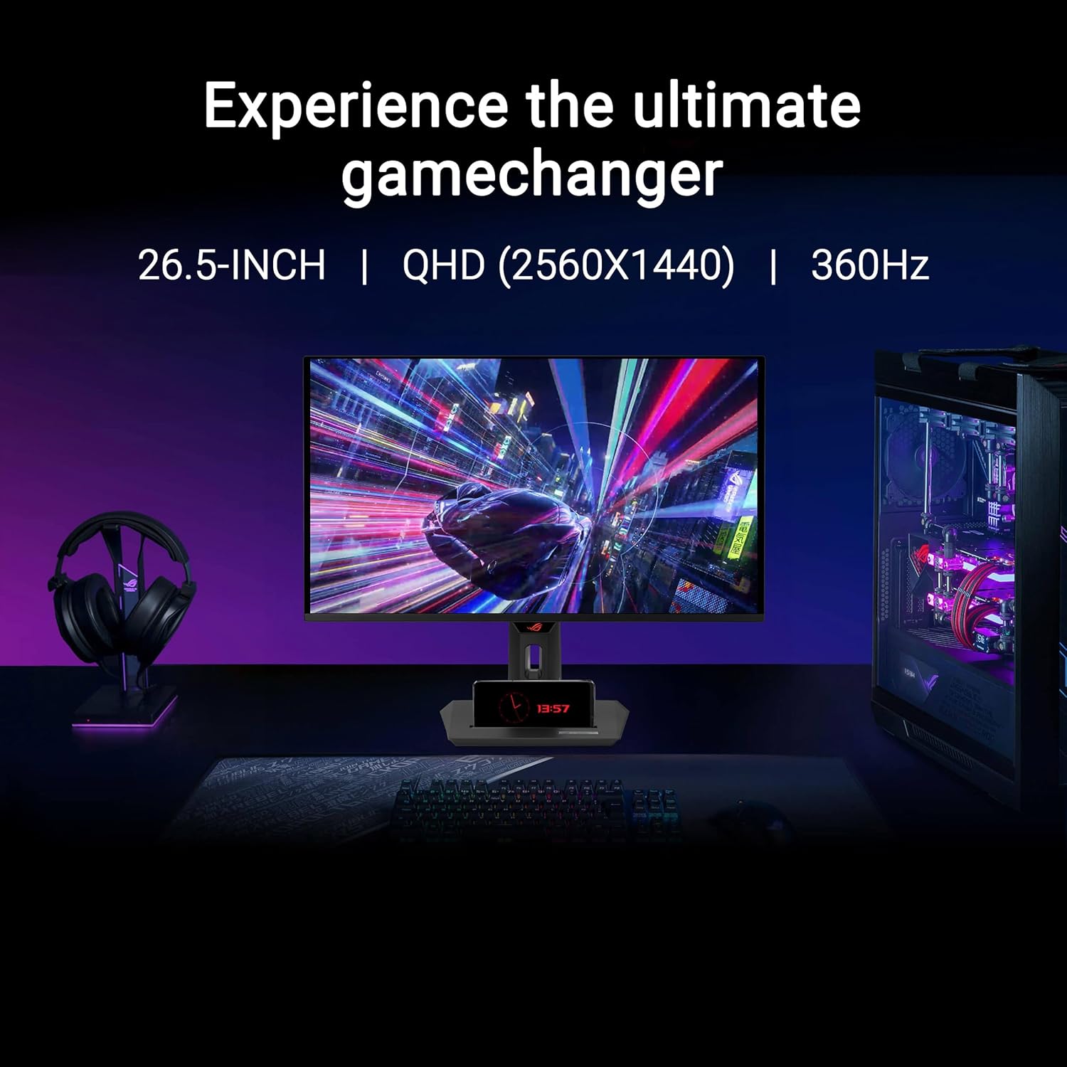 ASUS ROG Strix 26.5” 1440P QD-OLED Gaming Monitor (XG27ACDNG) -QHD (2560x1440), 360Hz, 0.03ms, Custom Heatsink, OLED Care+, G-SYNC Compatible, 99% DCI-P3, DisplayWidget, AI Gaming, 3yr Warranty - Image 2