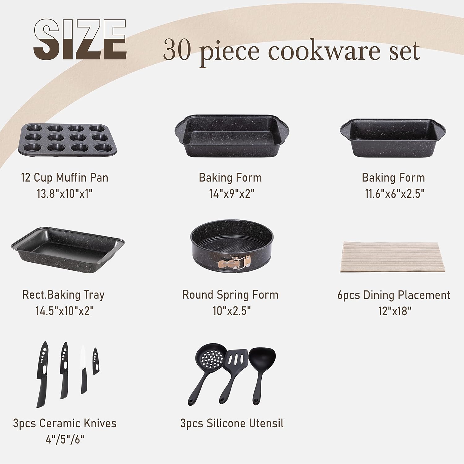 Kitchen Induction Cookware & Bakeware Set - 30 Piece Black Granite Cooking Pans Set, Non-Stick Pots and Pans Set - Image 8