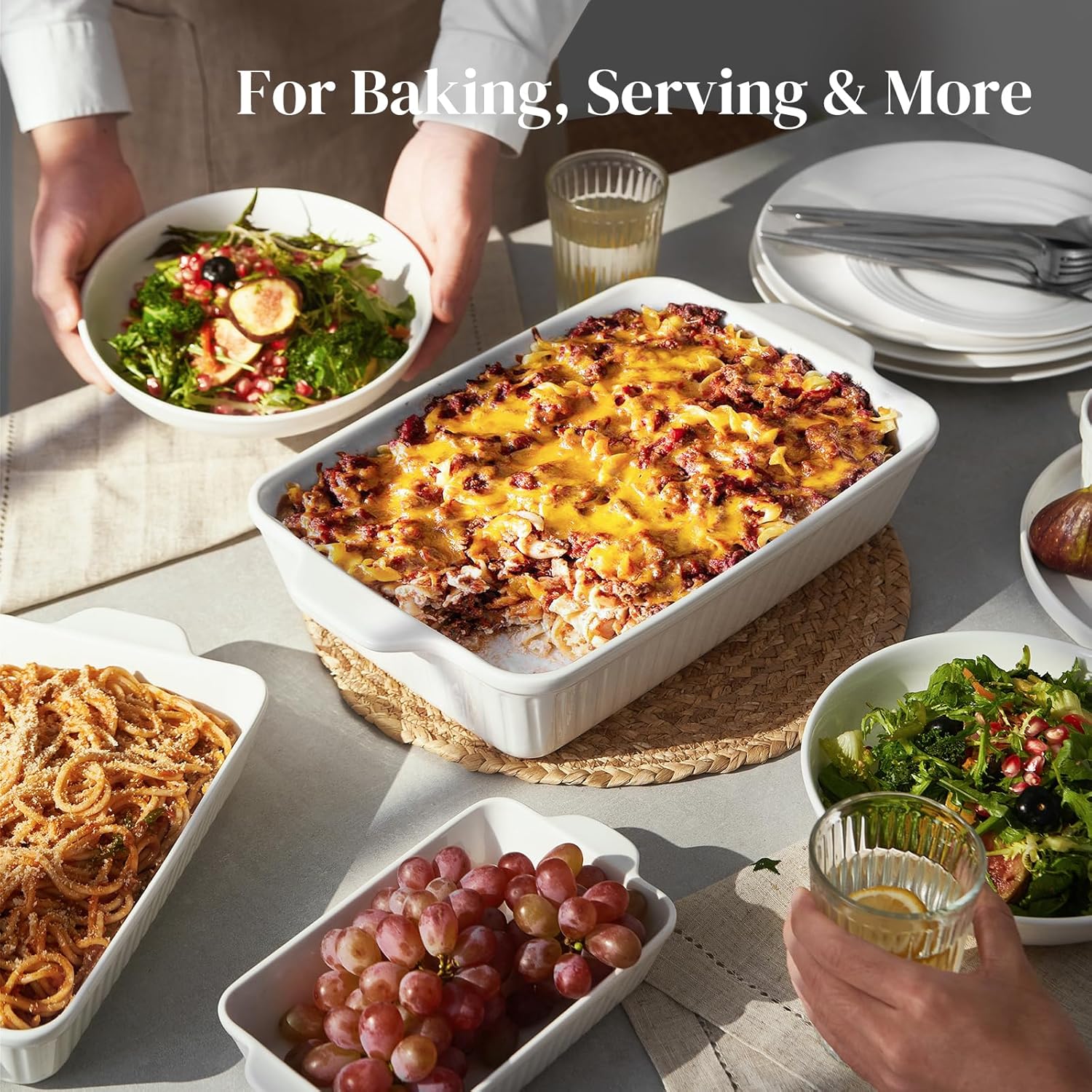 DOWAN Casserole Dishes for Oven, Baking Dishes Set, Ceramic Bakeware Sets of 3, Lasagna Pan Deep, Rectangular Baking Pan Set with Handles for Baking, Casserole, Kitchen, Wedding Gift, Soft White (15.6''/12.2''/8.9'') - Image 8