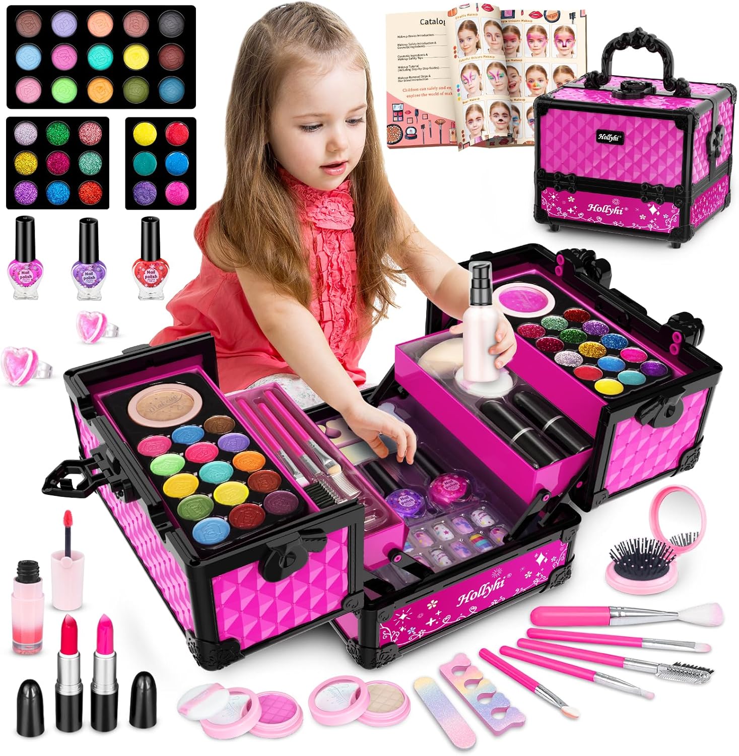 Hollyhi 59 Pcs Kids Makeup Kit for Girl, Washable Play Makeup Toys Set for Dress Up, Pretend Beauty Vanity Set with Cosmetic Case Birthday Toys for Girls 3 4 5 6 7 8 9 10 11 12 Year Old Kids Toddlers
