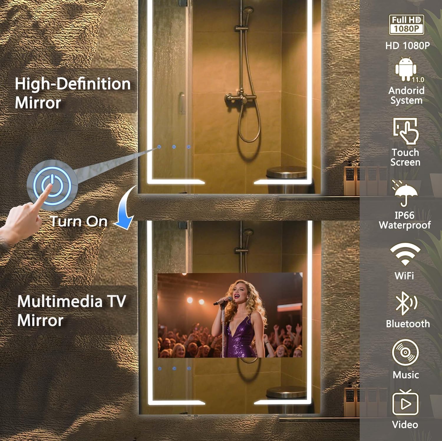 24x32'' Bathroom Vanity Mirror with 21.5'' Touch-Screen Smart TV, Streaming APP, Waterproof Defogging TV Mirror with 3 Color LED Light WiFi Bluetooth HDMI for Bathroom Hotel Hair Salon (2025) - Image 4