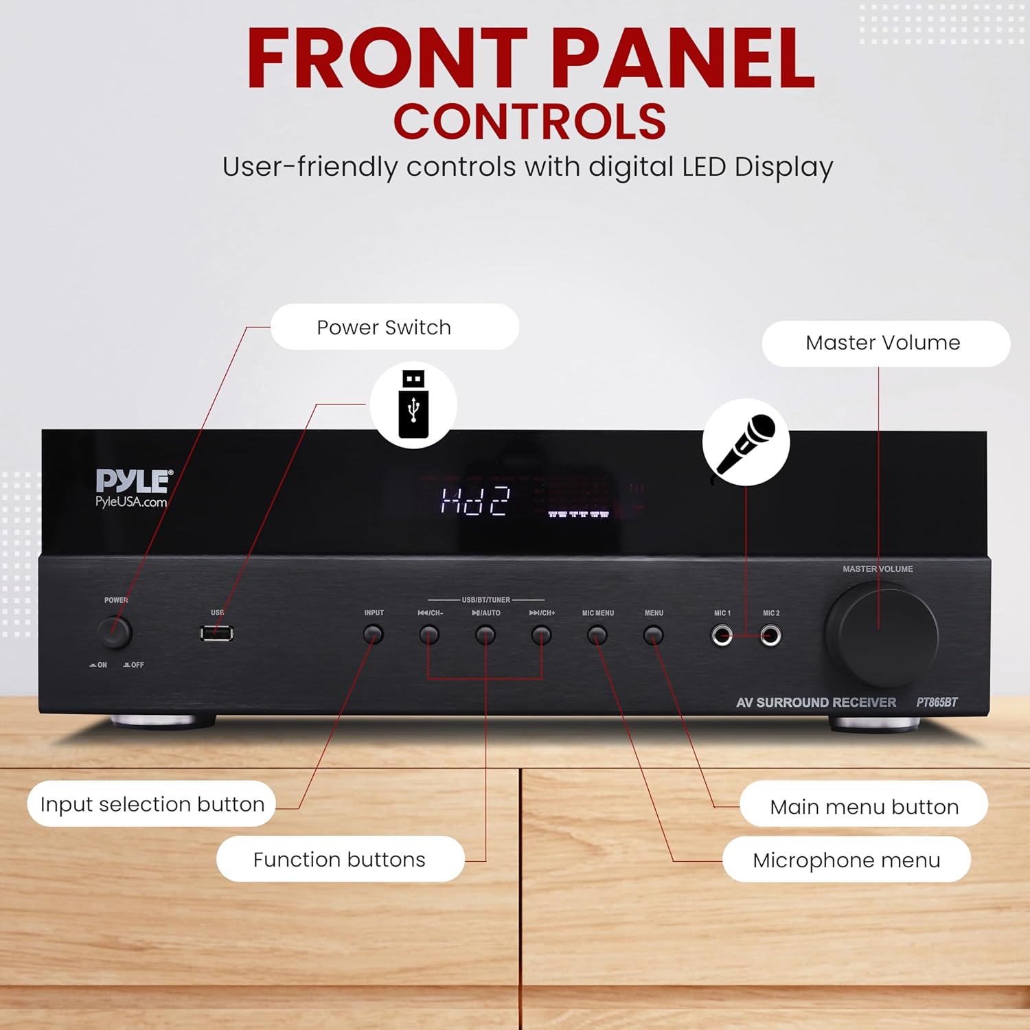 Pyle 5.2 Channel Hi-Fi Home Theater Receiver - 1000W MAX Wireless BT Surround Sound Stereo Amplifier System with 4k Ultra HD Support, MP3/USB/DAC, Ideal for Immersive Home Audio Experience - Image 2