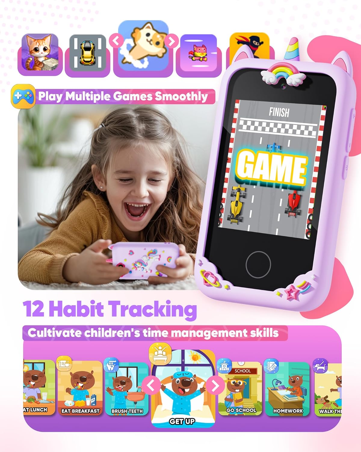 Gifts for Girls Age 6-8 Smart Phone Easter Christmas Stocking Stuffers for Kids Toy for Teenage 3 4 5 7 9 6 8 Year Old Birthday Gift Ideas with 8G SD Card (Purple) - Image 4