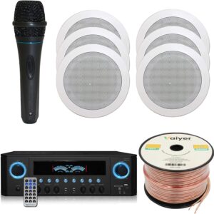 Home Theater System Kit 1000 Watts Amplifier w/USB, SD Card Inputs, (Qty 6) 5.25″ Flush Mount in-Wall/in-Ceiling Stereo Speakers, Mic and 250 ft Speaker Wire | Perfect for Home, Office and Restaurants