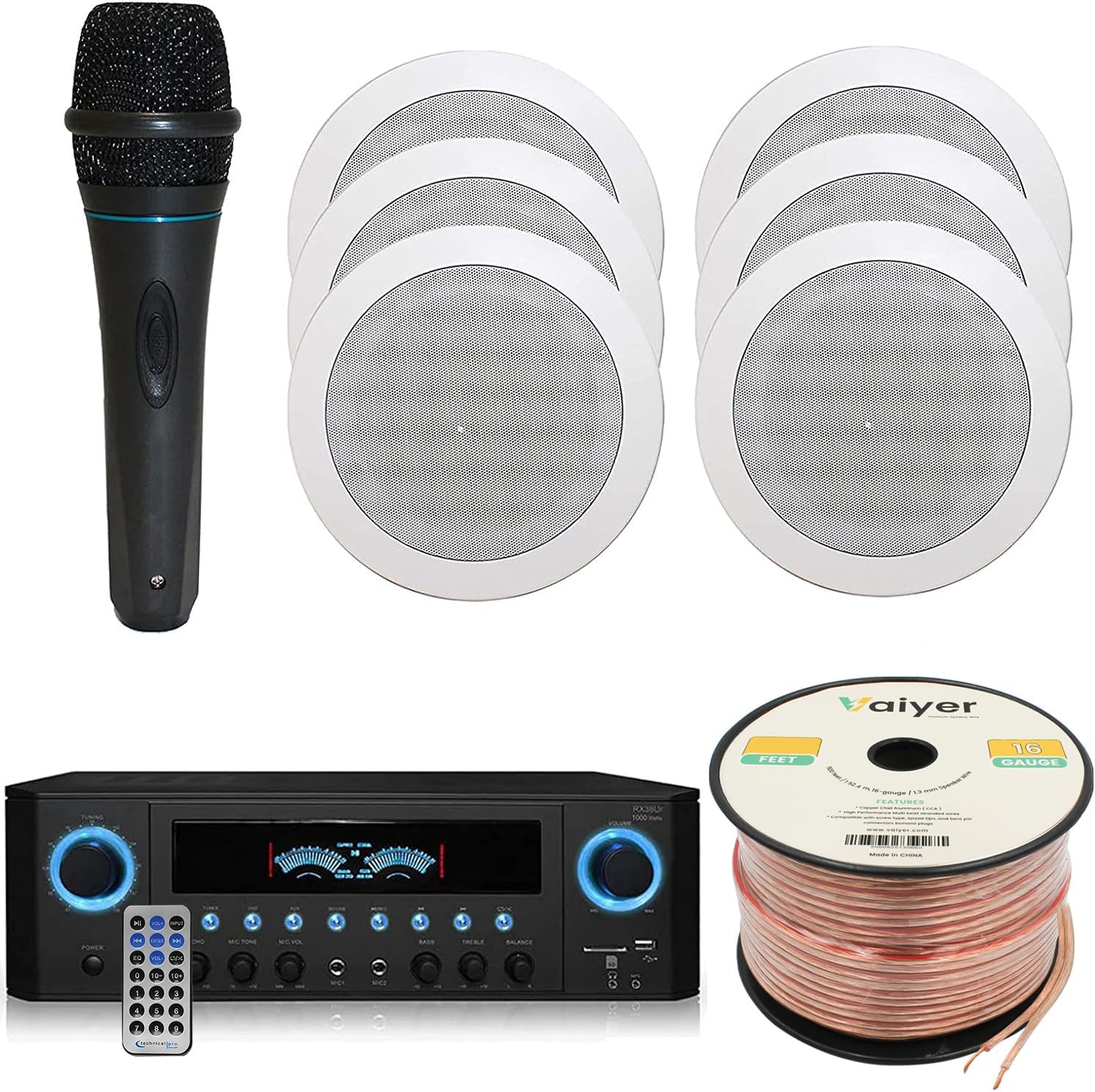 Home Theater System Kit 1000 Watts Amplifier w/USB, SD Card Inputs, (Qty 6) 5.25" Flush Mount in-Wall/in-Ceiling Stereo Speakers, Mic and 250 ft Speaker Wire | Perfect for Home, Office and Restaurants