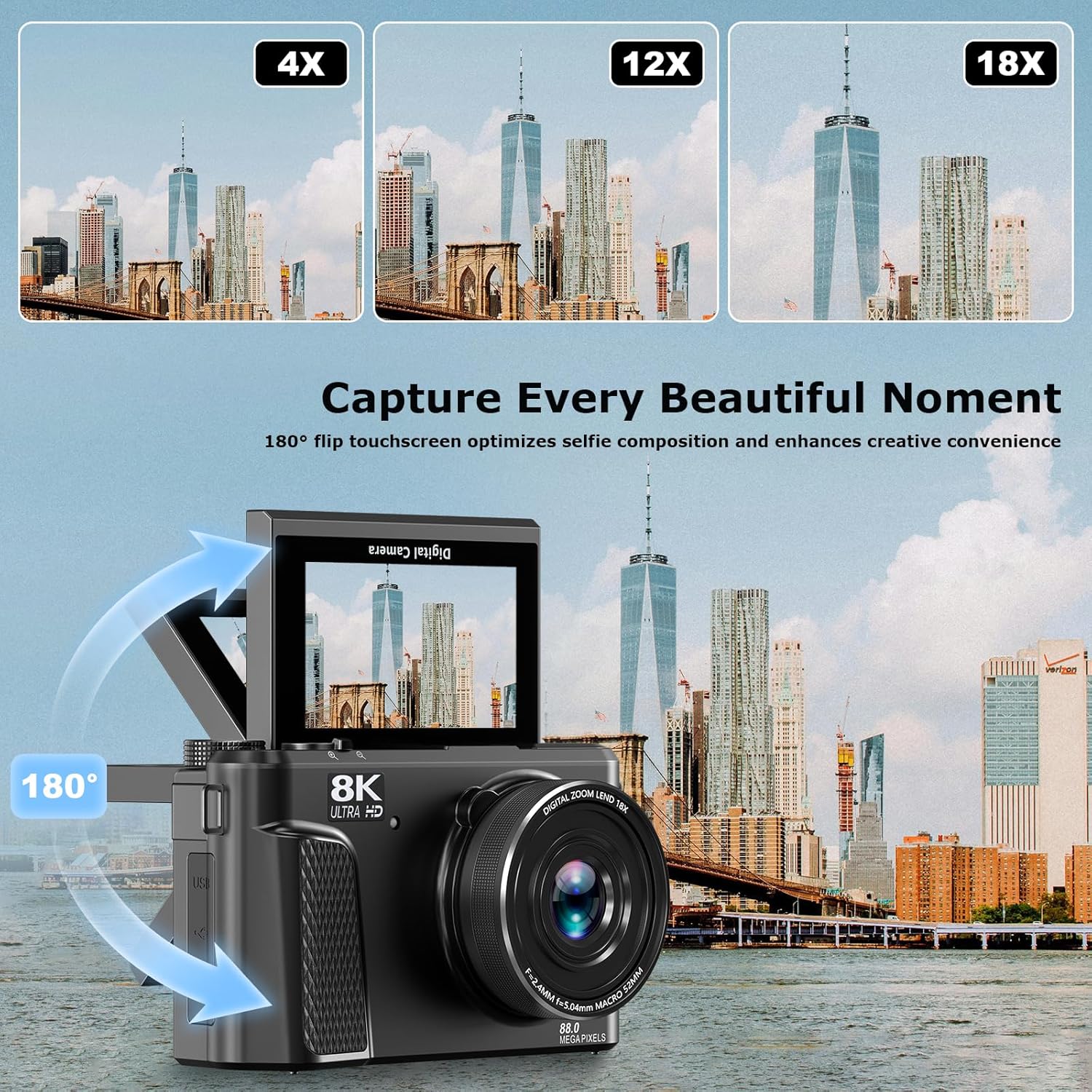 Camera for Photography, 8K 88MP Digital Camera for YouTube, Vlogging Camera with 3" 180° Flip Screen, Fill Light, WiFi, Filters, Beauty Features Includes 32GB Micro SD Card and 2 Batteries(Gunmetal) - Image 4