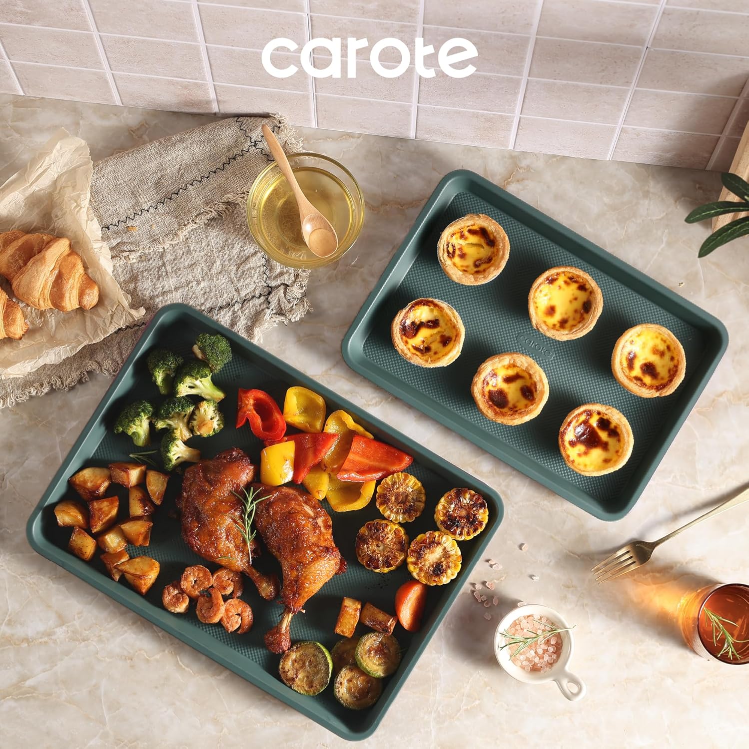 CAROTE 3-Piece Baking Pan Set - Bakeware Set, Baking Sheet Set Including 13 Inch 15 Inch 17 Inch Sheet Pan, Cookie Sheet for Baking, Deep Olive Green - Image 7