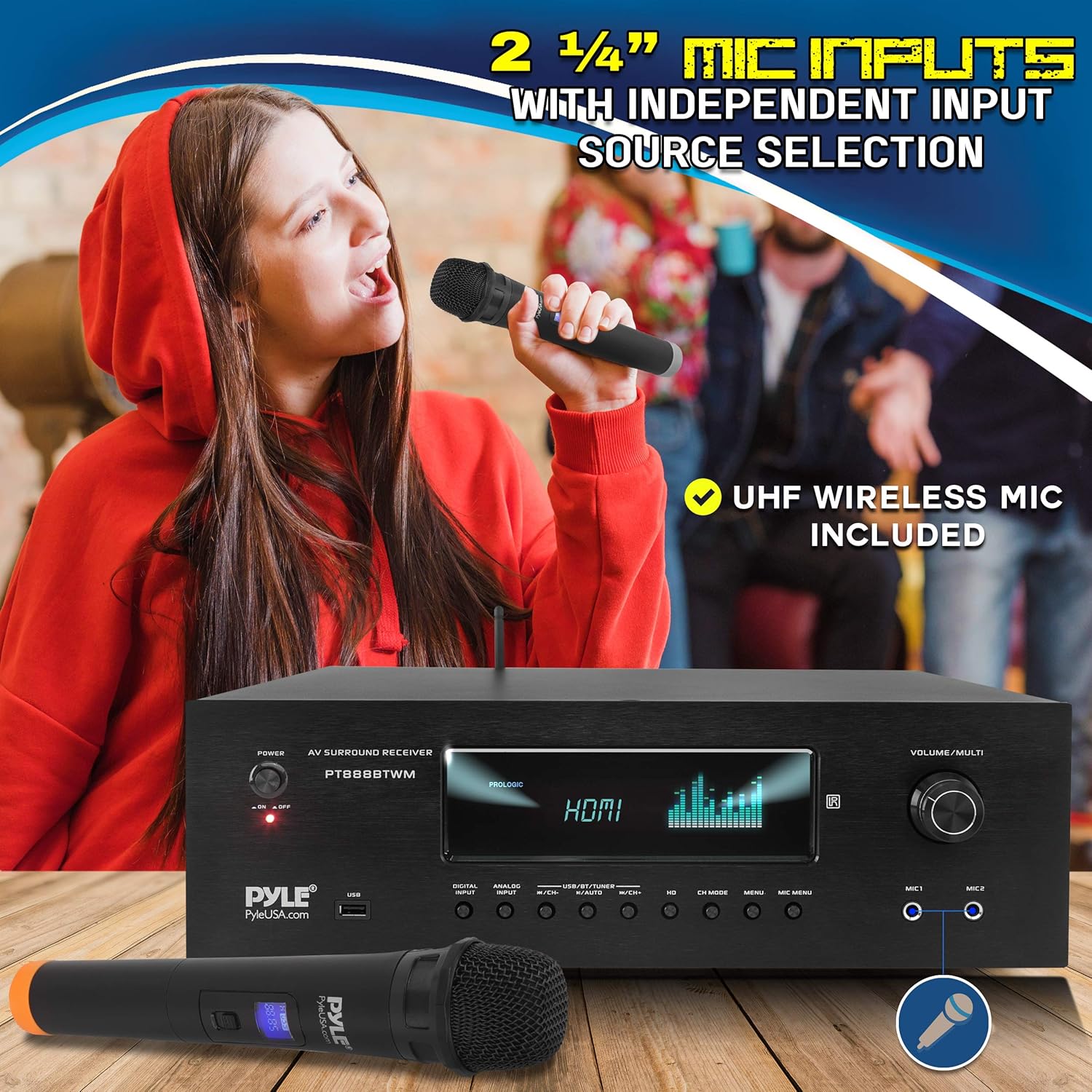 Pyle 1000W 5.2 Channel Home Theater Receiver - Bluetooth 5.0 - Amp w/ 2 UHF Wireless Mics - 4K UHD/3D/Blu-ray Pass-Through - MP3/USB/HDMI/AM/FM Radio - DSP EQ - Mic Echo & Volume Controls - PT888BTWM - Image 4
