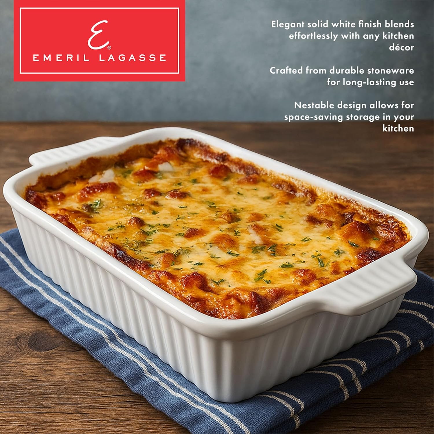 Emeril Lagasse Casserole Dishes for Oven, 4pc Ceramic Bakeware Set, Rectangular Deep Lasagna Pans with Handles, White - Image 4