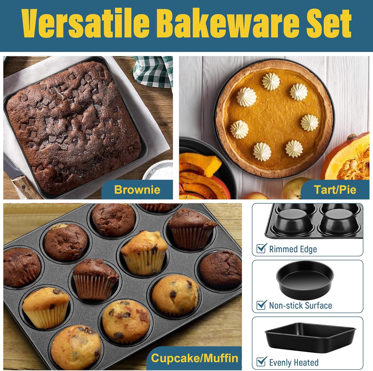 E-far 6-Piece Bakeware Sets, Nonstick Stainless Steel Baking Pans Set - 8x8 Square/Round Cake Pan/Muffin/Loaf Pan/Roasting Tray/Cookie Sheet - for Kitchen Oven Cooking Lasagna Brownie Casserole, Black - Image 5