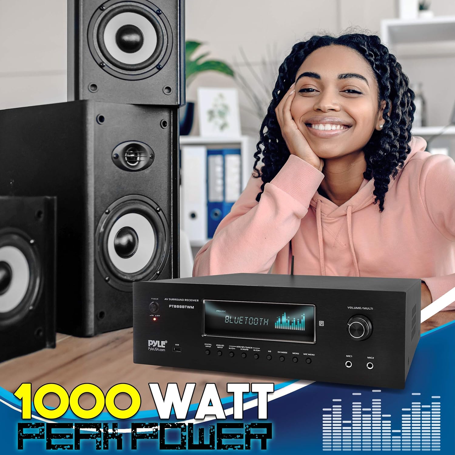 Pyle 1000W 5.2 Channel Home Theater Receiver - Bluetooth 5.0 - Amp w/ 2 UHF Wireless Mics - 4K UHD/3D/Blu-ray Pass-Through - MP3/USB/HDMI/AM/FM Radio - DSP EQ - Mic Echo & Volume Controls - PT888BTWM - Image 3