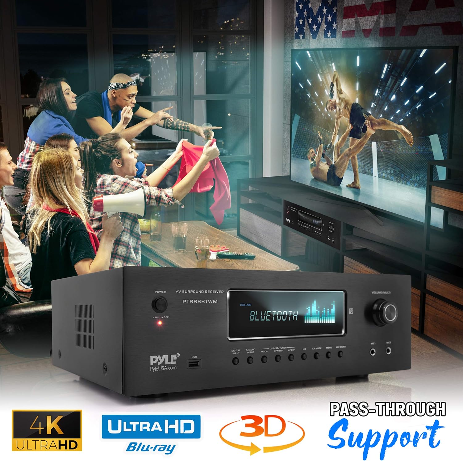 Pyle 1000W 5.2 Channel Home Theater Receiver - Bluetooth 5.0 - Amp w/ 2 UHF Wireless Mics - 4K UHD/3D/Blu-ray Pass-Through - MP3/USB/HDMI/AM/FM Radio - DSP EQ - Mic Echo & Volume Controls - PT888BTWM - Image 5