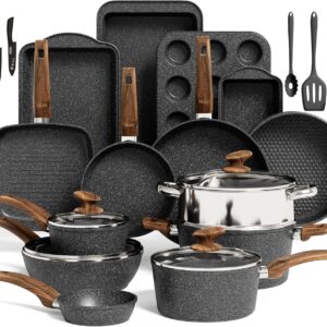 Kitchen Induction Cookware & Bakeware Set – 30 Piece Black Granite Cooking Pans Set, Non-Stick Pots and Pans Set