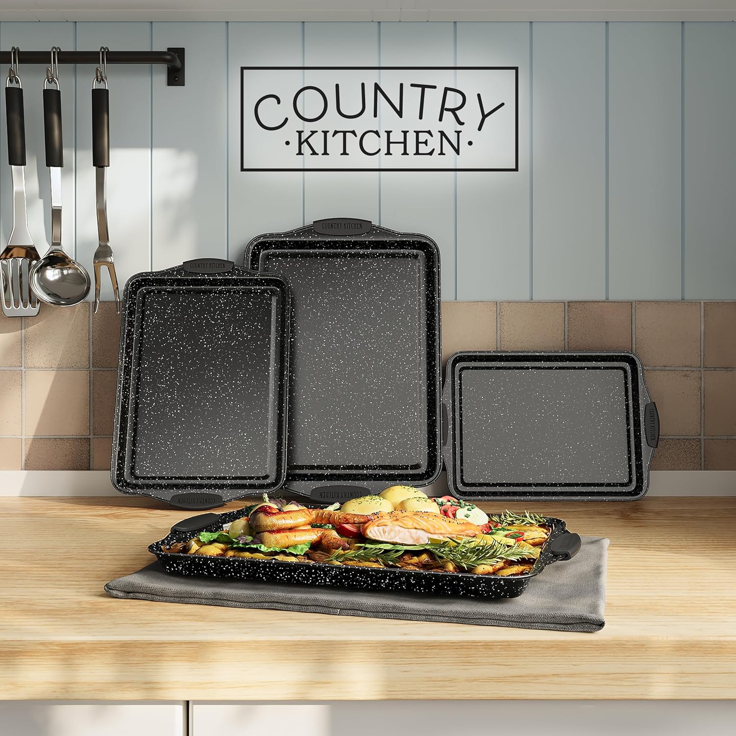Country Kitchen Nonstick Stackable Bakeware Set - Heavy Duty, Durable, Easy Release Baking Set, Black, 4 Pcs - Image 3