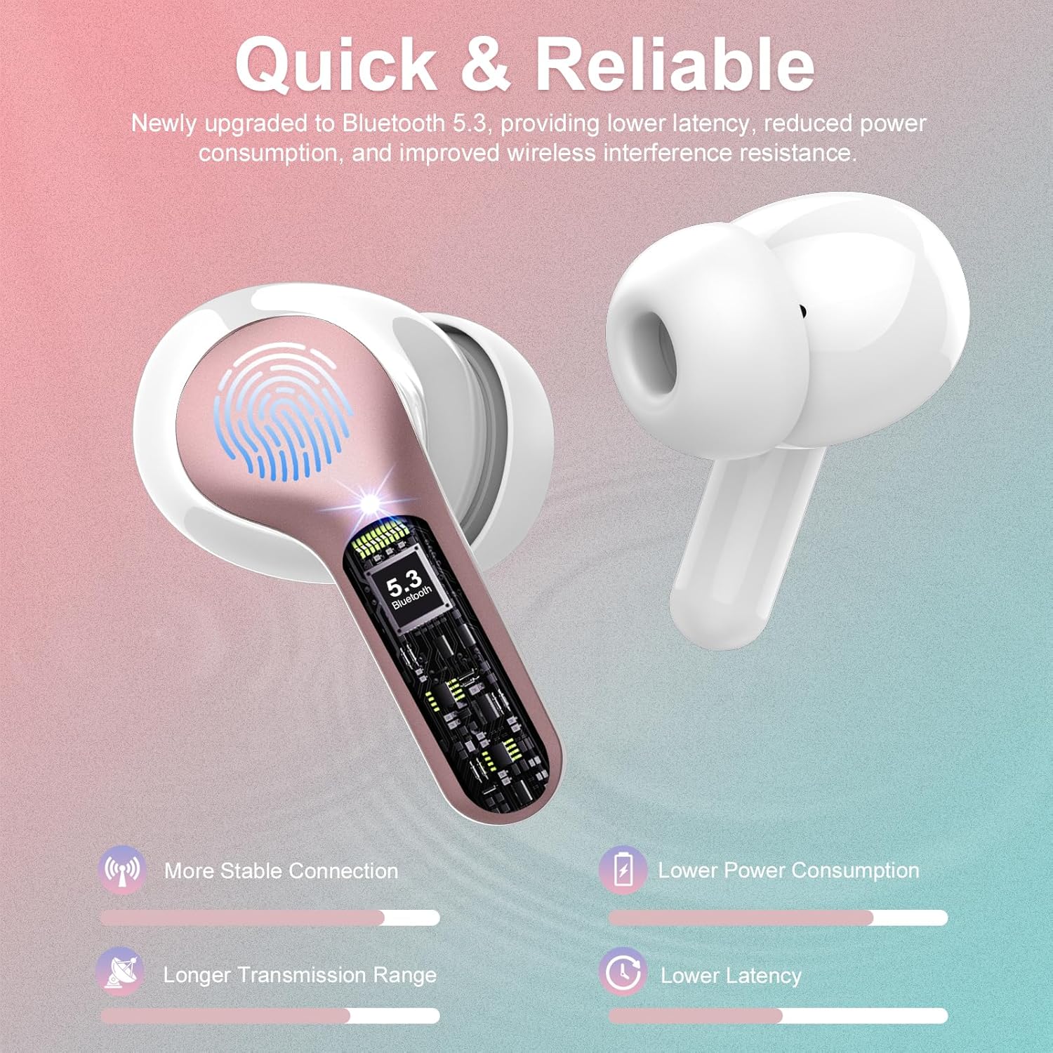 Wireless Earbuds, Bluetooth 5.4 Headphones HiFi Stereo, Bluetooth Earbuds with ENC Noise Cancelling Mic, IP7 Waterproof in Ear Earphones, 48H, LED Display Ear Buds for Pad Phones Workout, Rose Gold - Image 2