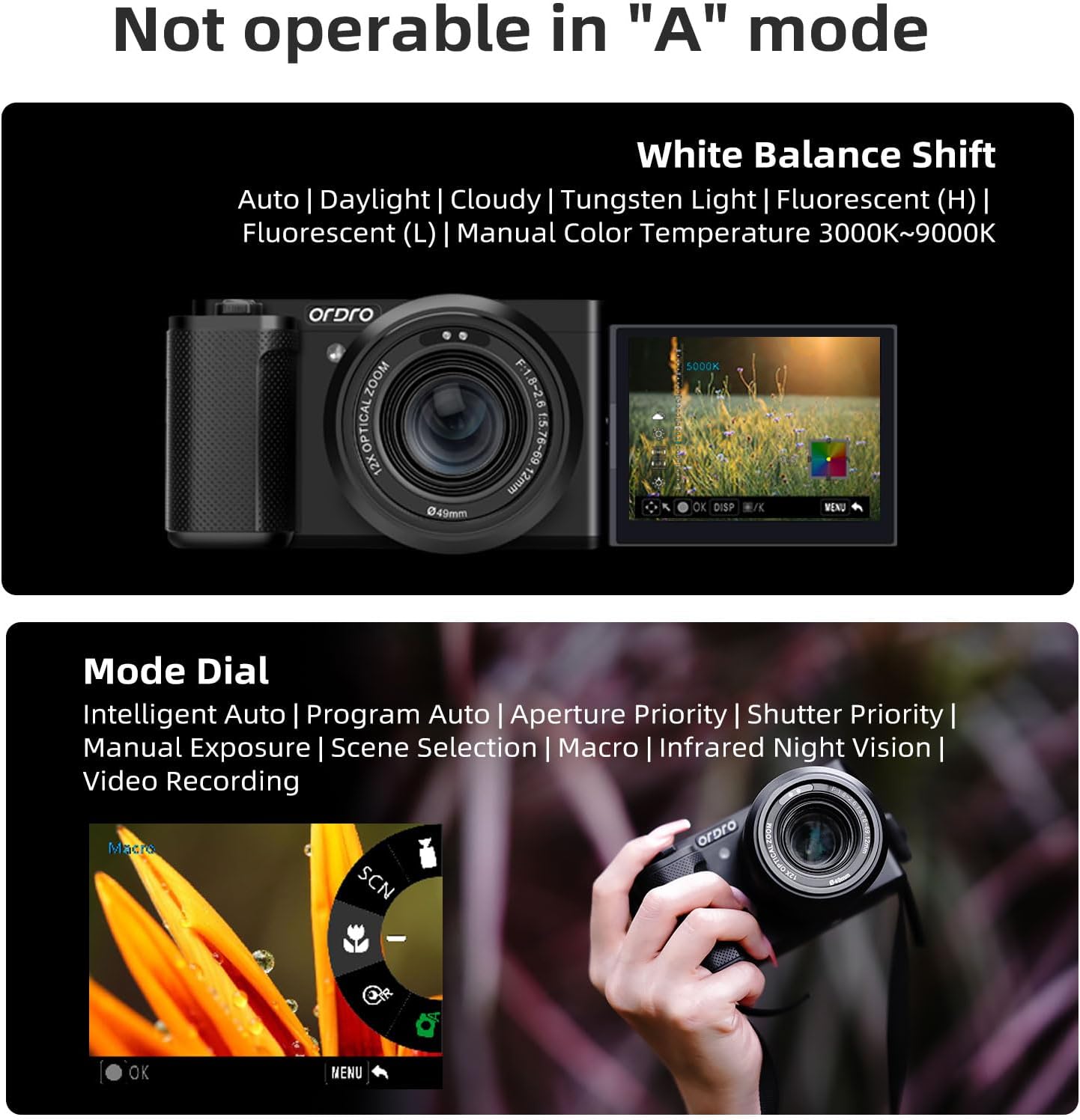 ORDRO 5K Digital Cameras for Photography - 64MP 12X Optical Zoom Travel Content Creator Camera & YouTube Vlogging Camera with Flip Screen, Microphone & Tripod Grip, 64GB Memory Card - Image 5