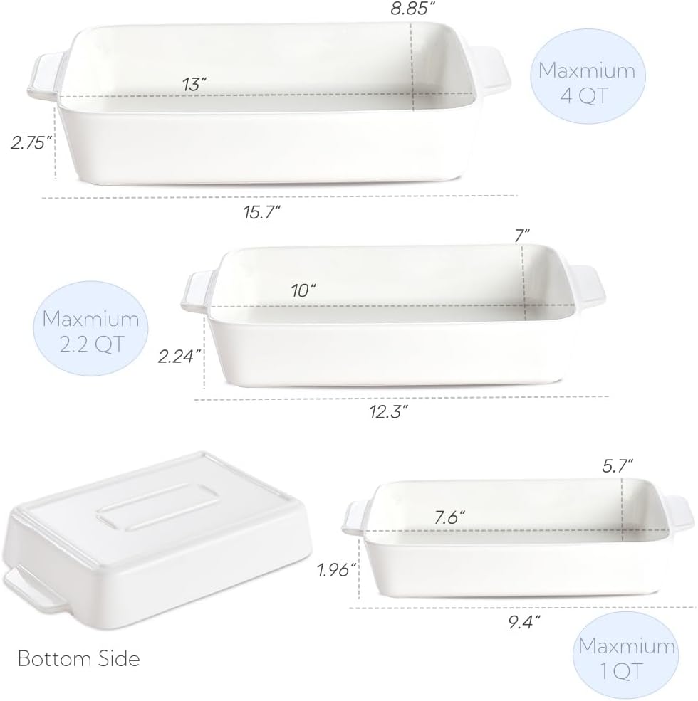 Casserole Dishes For Oven, Porcelain Baking Dishes Set 15.7"/12.3"/9.4", Ceramic Bakeware for Cooking, Large Lasagna Pans with Handle, Deep Baking Pan for Kitchen, Set of 3 White - Image 2