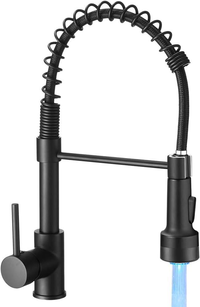 OWOFAN Kitchen Faucet with Sprayer Single Handle Pull Down Sprayer Spring Matte Black Kitchen Sink Faucet with LED Light 9005R