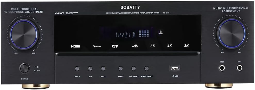Stereo Receivers,5.1 Channels Audio Amplifier with HDMI,Optical/Coaxial,Bluetooth/USB,RCA,AC-3 Input,Subwoofer Output for Karaoke,Home,Theater Speakers(Non-Dolby/DTS)