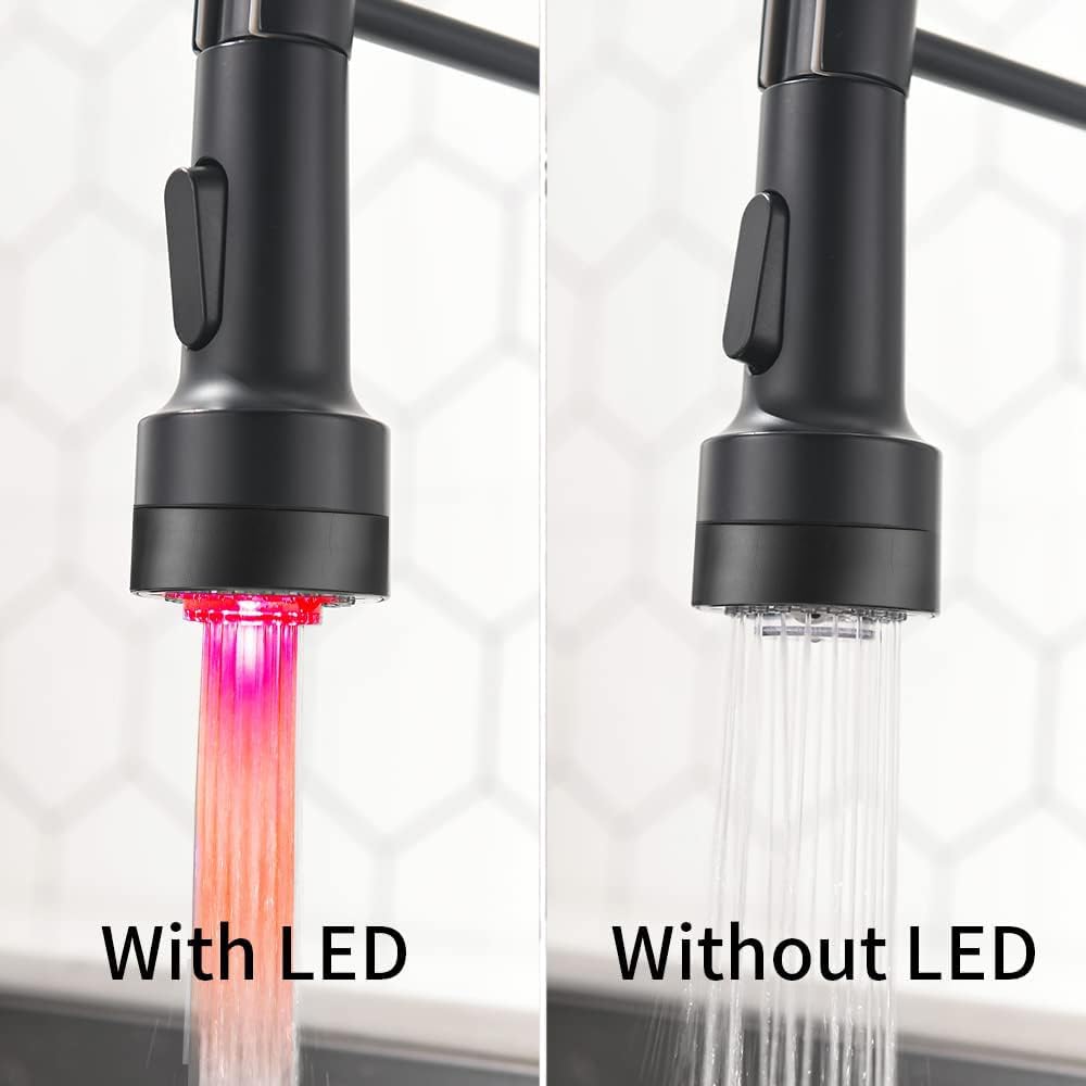 OWOFAN Kitchen Faucet with Sprayer Single Handle Pull Down Sprayer Spring Matte Black Kitchen Sink Faucet with LED Light 9005R - Image 4