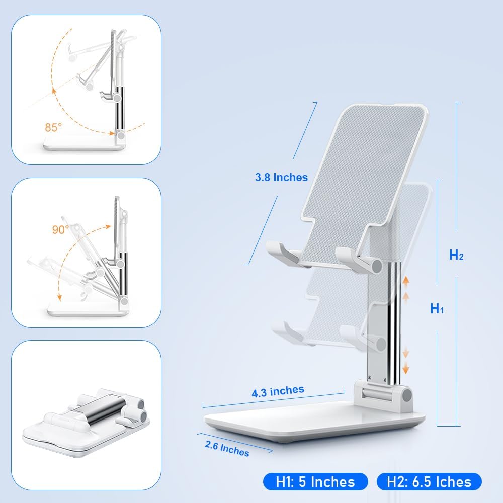 Cell Phone Stand, Angle Height Adjustable Cell Phone Holder with Silicon Pad for Desk Fully Forldable Mobile Phone Holder Compatible with All Mobile Phones, MT-6, (White) - Image 6