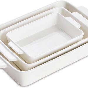 Casserole Dishes For Oven, Porcelain Baking Dishes Set 15.7″/12.3″/9.4″, Ceramic Bakeware for Cooking, Large Lasagna Pans with Handle, Deep Baking Pan for Kitchen, Set of 3 White