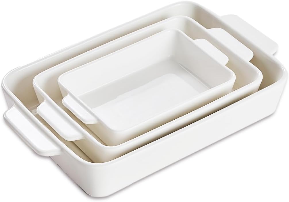Casserole Dishes For Oven, Porcelain Baking Dishes Set 15.7"/12.3"/9.4", Ceramic Bakeware for Cooking, Large Lasagna Pans with Handle, Deep Baking Pan for Kitchen, Set of 3 White