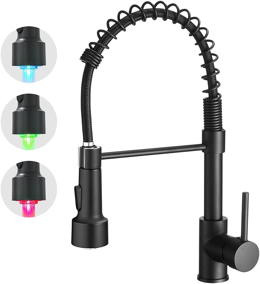 OWOFAN Kitchen Faucet with Sprayer Single Handle Pull Down Sprayer Spring Matte Black Kitchen Sink Faucet with LED Light 9005R - Image 8