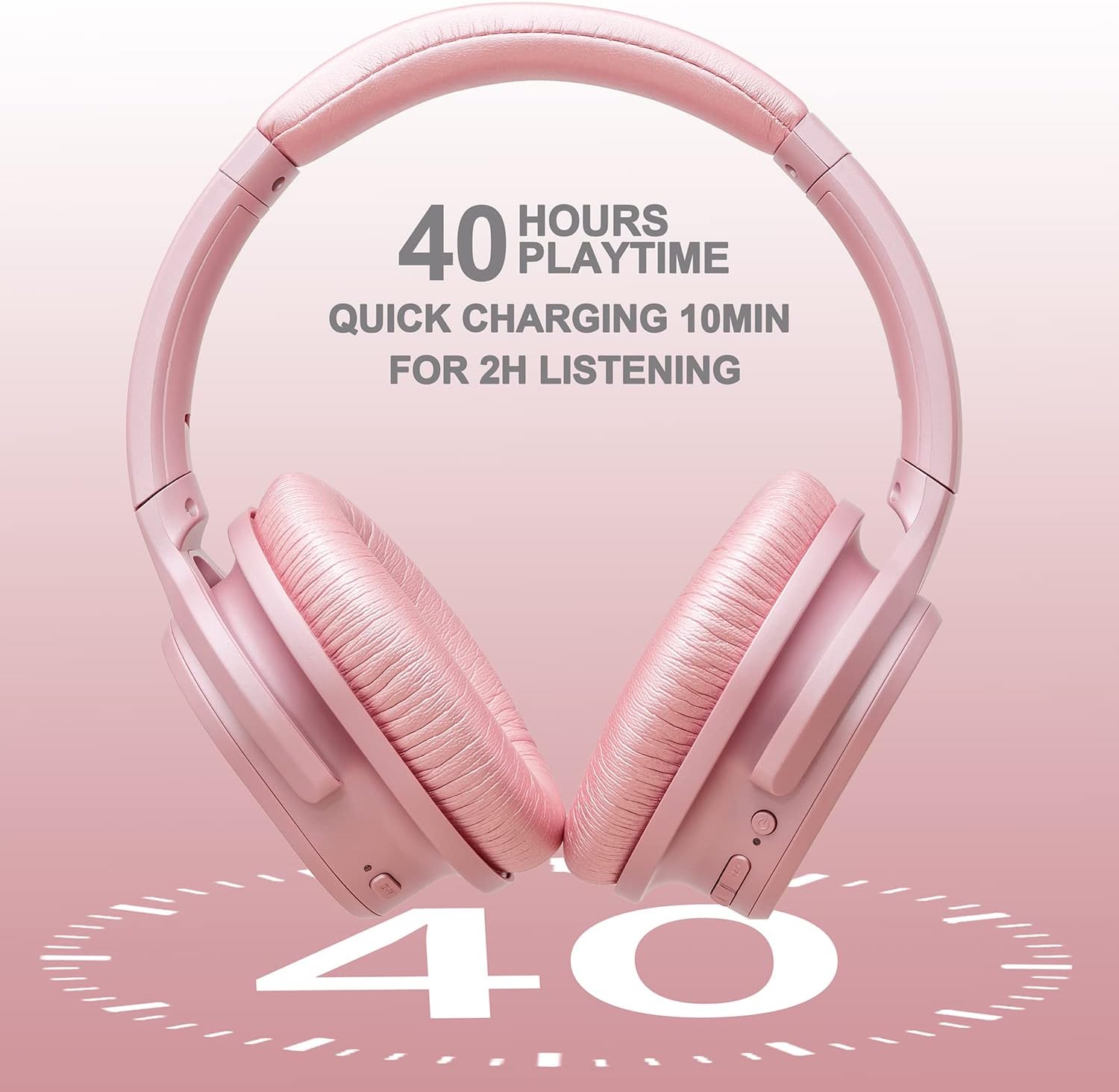 ZIHNIC Active Noise Cancelling Headphones, 40H Playtime Wireless Bluetooth Headset with Deep Bass Hi-Fi Stereo Sound,Comfortable Earpads for Travel/Home/Office (Rose Gold) - Image 3