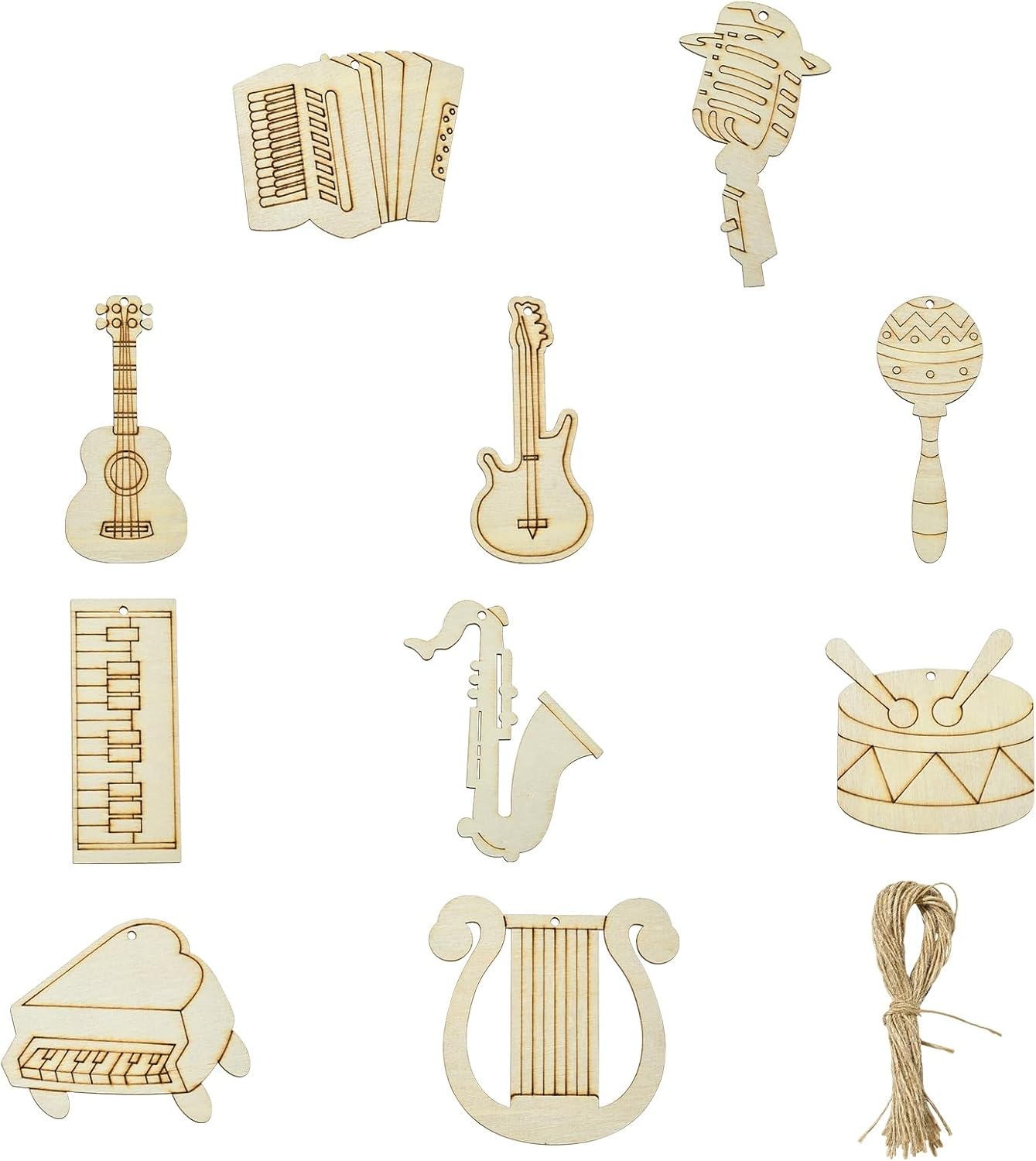 Stiesy 30 Pcs Musical Instruments Theme Unfinished Wood Craft Set with Jute Cord Things to Pint Wooden Blank Cutout Hanging Ornaments for DIY Craft Party Supplies Home Decoration - Image 8