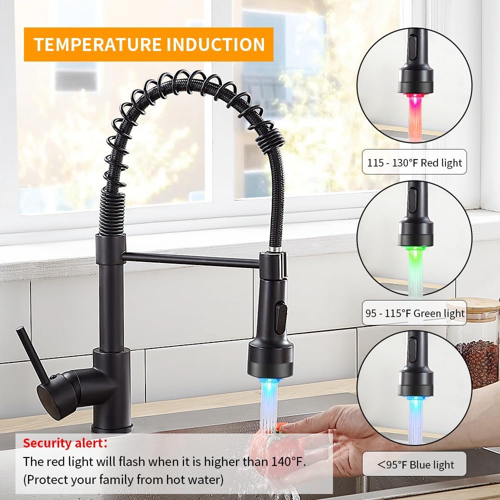 OWOFAN Kitchen Faucet with Sprayer Single Handle Pull Down Sprayer Spring Matte Black Kitchen Sink Faucet with LED Light 9005R - Image 2