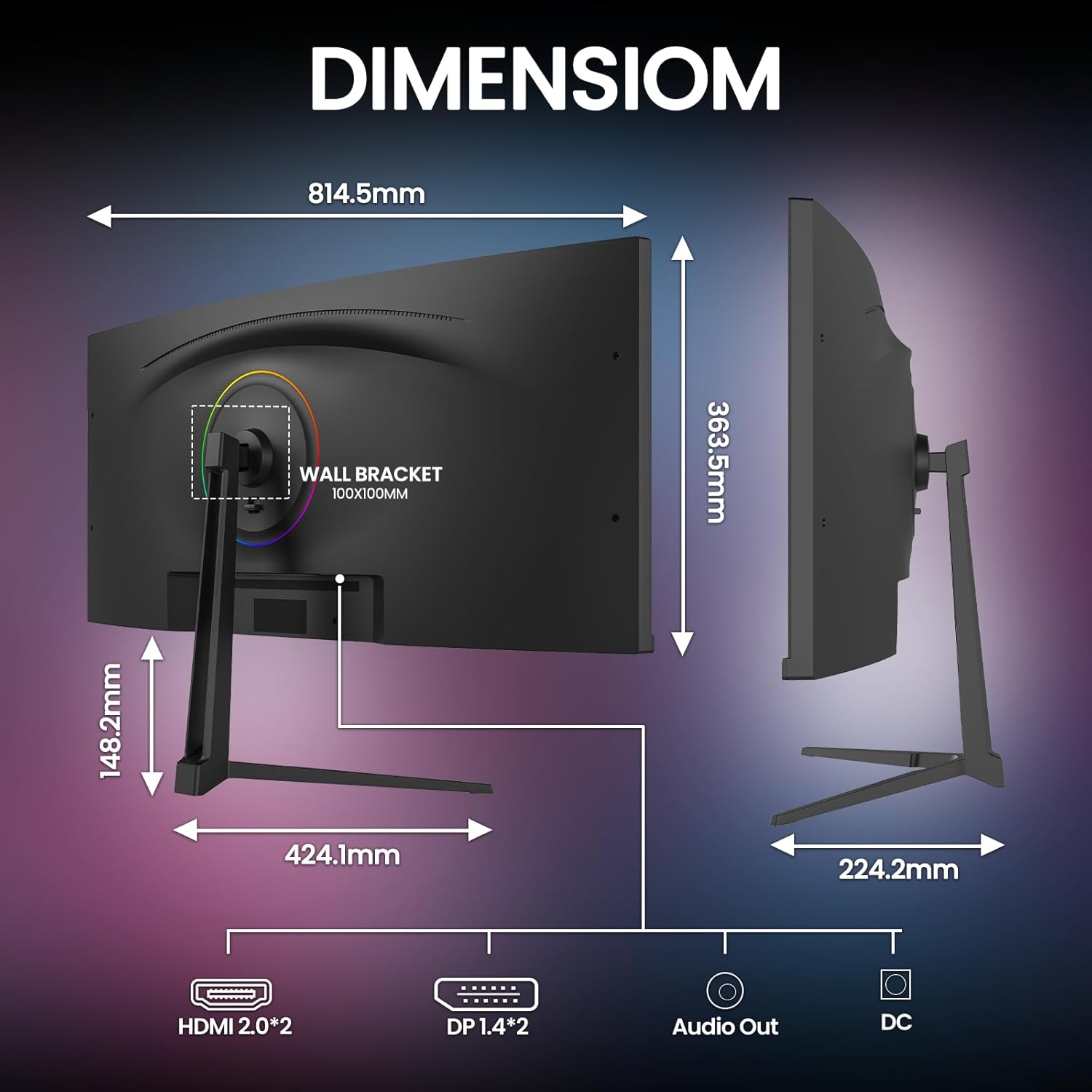 CRUA 34" Curved Gaming Monitor, IPS WQHD(3440x1440P) 120Hz 1900R 21:9 UltraWide PC Display, 130% sRGB, AMD FreeSync, Blue Light Filter, HDMI/DP Ports, Wall Mountable Installs– Black - Image 2