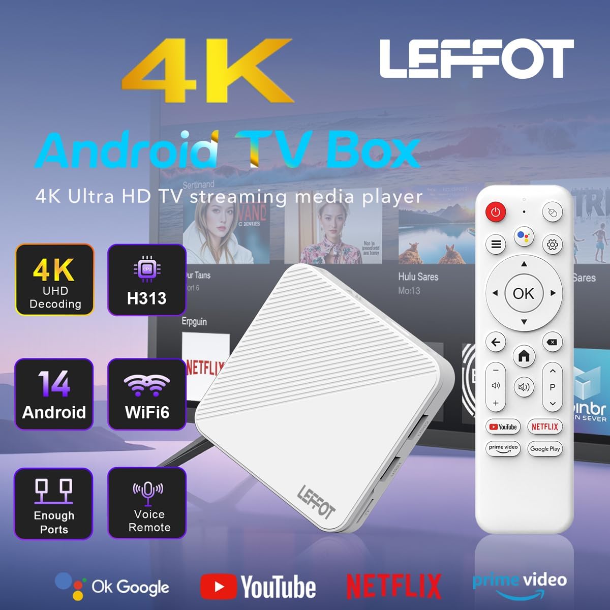 Android 14.0 TV Box 2025, LEFFOT H313 4K Ultra HD Streaming Device for TV, 2GB RAM + 16GB ROM, Smart TV Box with Google Assistant Voice Remote, HDR 10, 2.4G & 5G WiFi 6, Allwinner Quad-Core A53 - Image 2