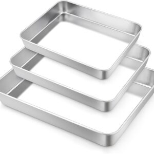 TeamFar Baking Pans Set of 3, Stainless Steel Deep Cookie Cake Pan for Home Baking, 12.5/10.5/9.4” Rectangle Bakeware Set for Bread/Casserole/Lasagna, Healthy & Sturdy, Dishwasher Safe