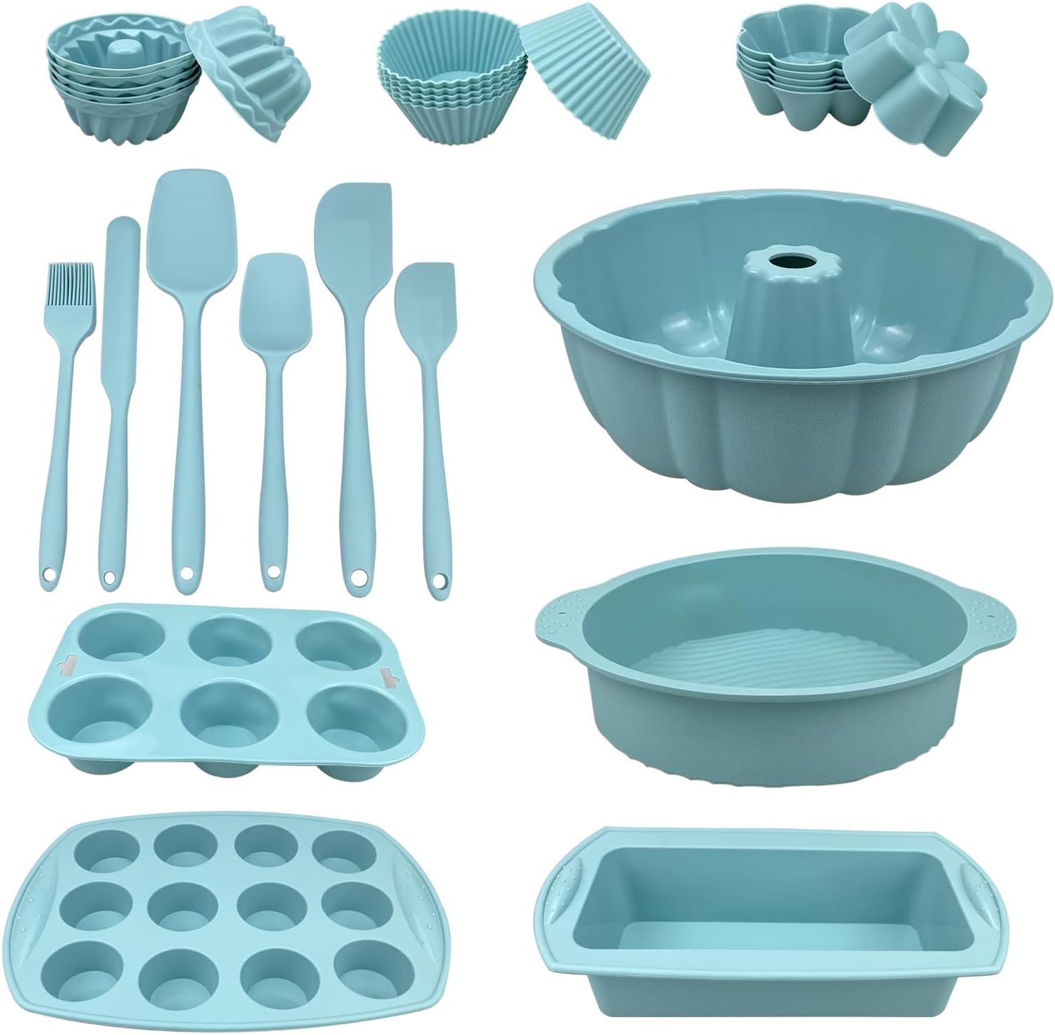 29PCS Nonstick Silicone Baking Set With Bakeable Mini Cake Pans, Bakeware for Oven, Molds and Heat Resistant Spatulas