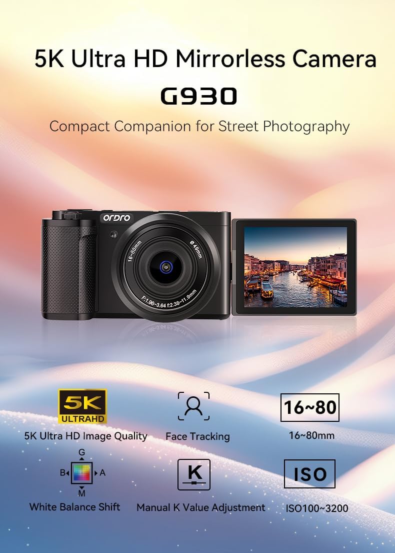 ORDRO 5K Digital Camera for Content Creators and Vloggers, 64MP Vlogging Camera for YouTube, WiFi Cameras for Photography with Flip Touchscreen, Auto-Focus, Wide Angle for Photography, with Stand - Image 2