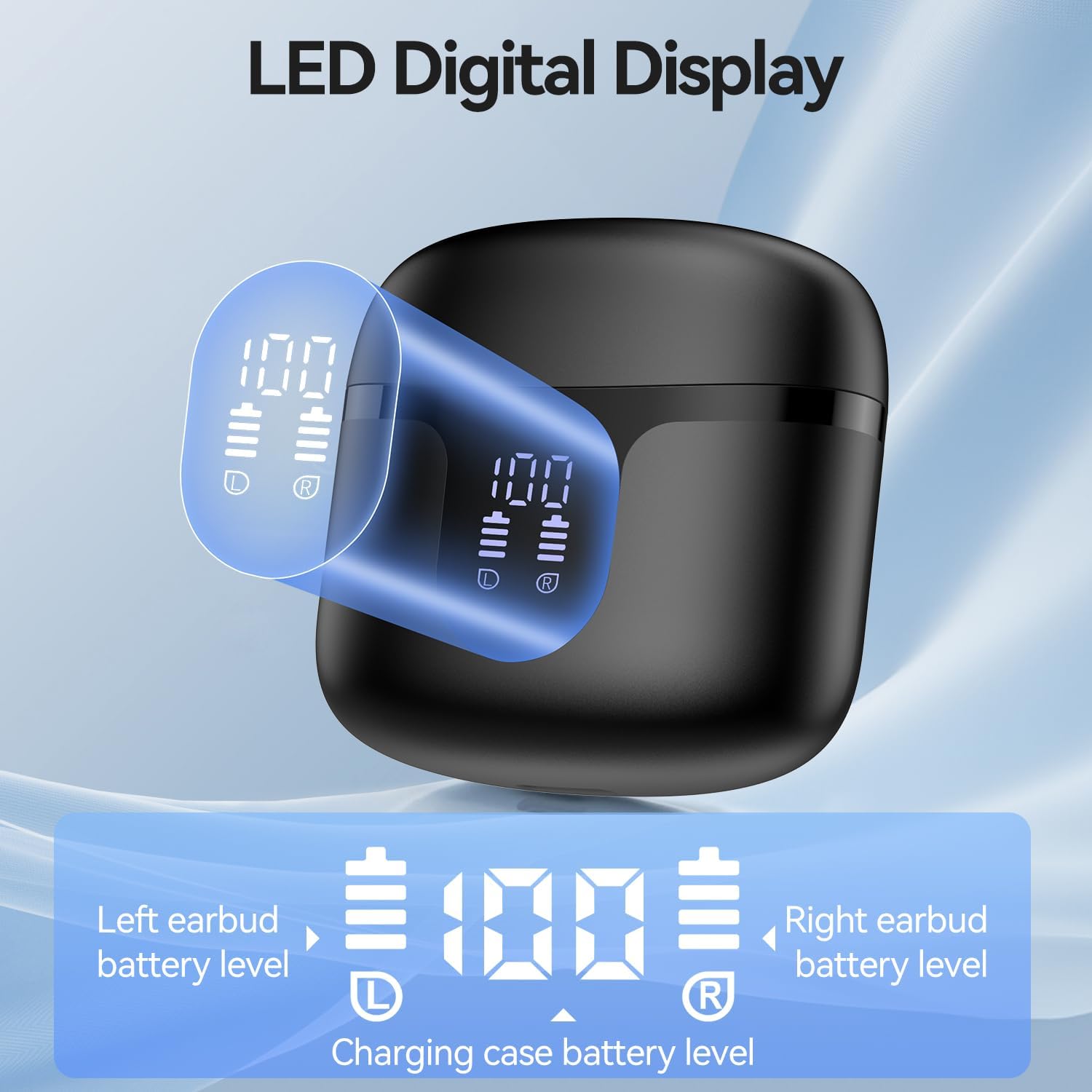 Wireless Earbuds, 2025 Bluetooth 5.3 Headphones HiFi Stereo 50H Playback Ear Buds with Led Digital Display, ENC Noise Cancelling Earbuds for Laptop Computer, iOS, Android, Black - Image 5