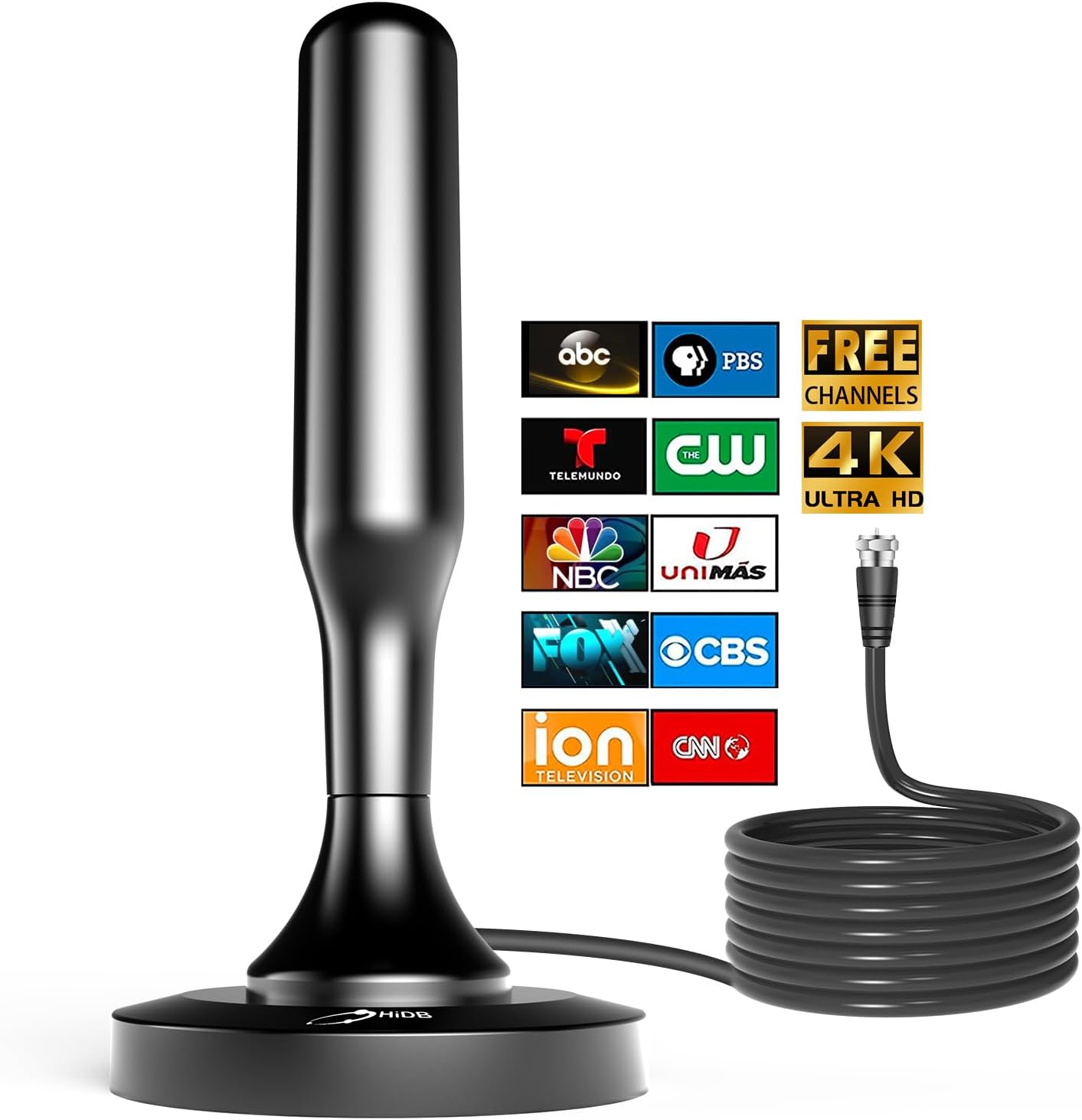 HIDB TV Antenna for Smart TV Indoor, Digital Indoor HD Antennas with Strong Magnetic Base, Easy Installation, Long Range Reception for Local Channels 4K 1080P, 10ft Long Cables (Black)