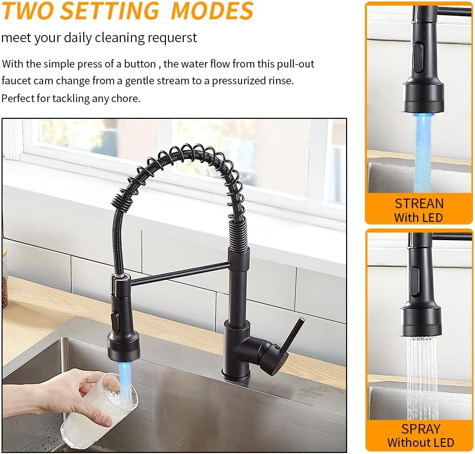 OWOFAN Kitchen Faucet with Sprayer Single Handle Pull Down Sprayer Spring Matte Black Kitchen Sink Faucet with LED Light 9005R - Image 3