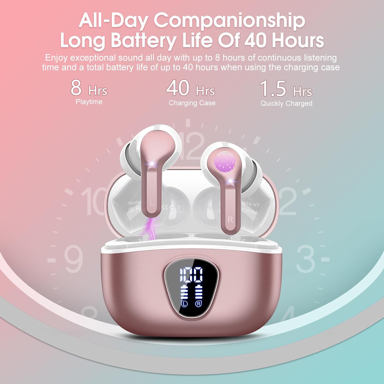 Wireless Earbuds, Bluetooth 5.4 Headphones HiFi Stereo, Bluetooth Earbuds with ENC Noise Cancelling Mic, IP7 Waterproof in Ear Earphones, 48H, LED Display Ear Buds for Pad Phones Workout, Rose Gold - Image 4