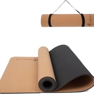 StrongTek Eco-Friendly Cork Yoga Mat, 7mm Thick, 72″x24″, Cork+TPE, 2 lbs, Non-Slip, Lightweight & Cushioned Mat for Hot Yoga, Pilates & Home Fitness, Durable Surface with Natural Grip and Carry Strap