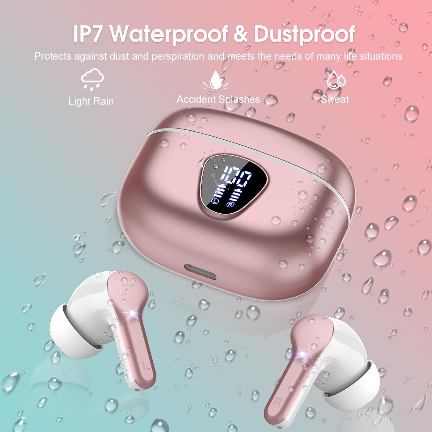 Wireless Earbuds, Bluetooth 5.4 Headphones HiFi Stereo, Bluetooth Earbuds with ENC Noise Cancelling Mic, IP7 Waterproof in Ear Earphones, 48H, LED Display Ear Buds for Pad Phones Workout, Rose Gold - Image 5