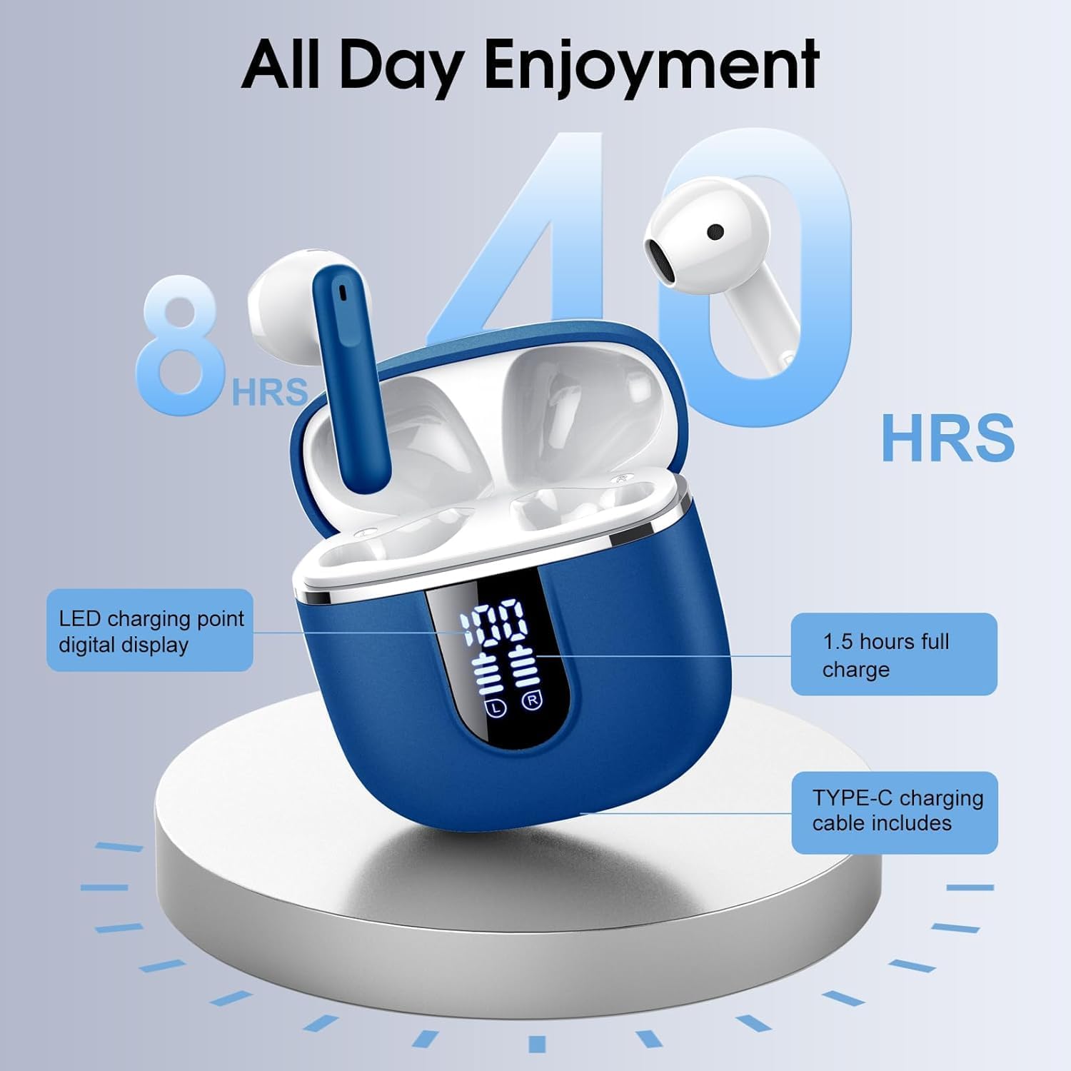 Wireless Earbuds, Bluetooth 5.4 Headphones with 3D Bass Stereo, 40H Ultralight in-Ear Buds, Bluetooth Earbuds with 4 ENC Noise Cancelling Mic, USB-C, IP7 Waterproof Earphones for Android iOS, Blue - Image 3