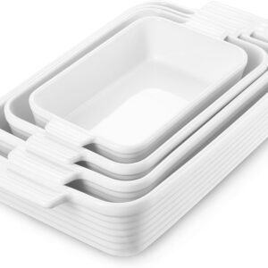 Jassceram Casserole Dishes for Oven, 4-Piece Porcelain Baking Dish, Rectangular Ceramic Bakeware Sets with Handles, Deep Lasagna Pan for Baking, 9.6″ to 15.2″, Nesting Design, Oven Safe, White